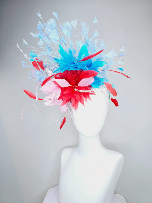 kentucky derby hat fascinator light pink and cherry red zigzag feather flowers with bright sky blue and light blue branching feathers