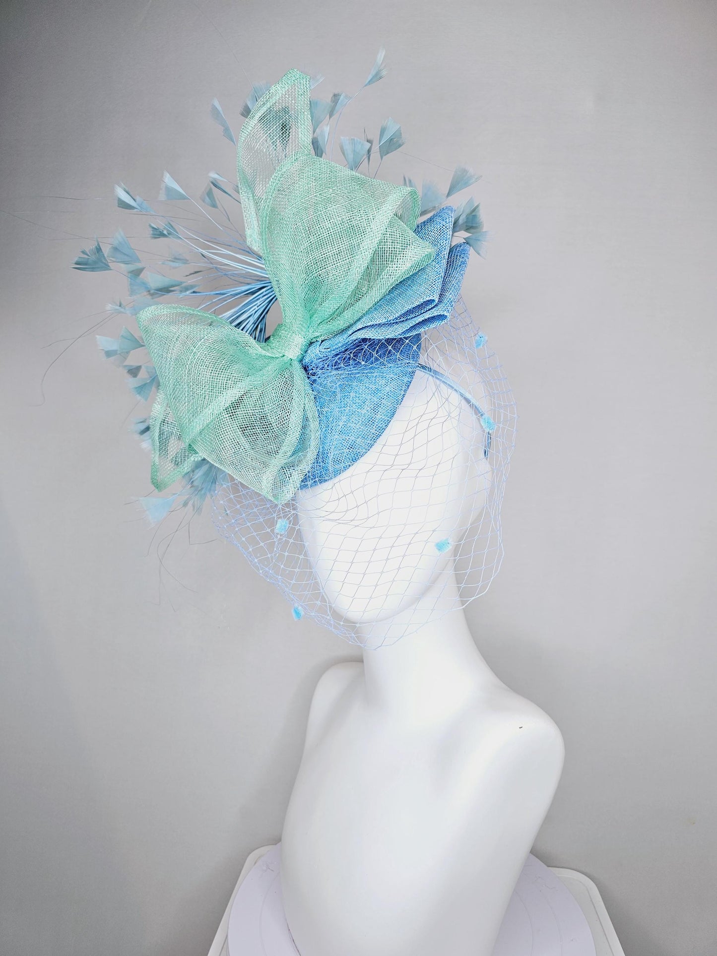 kentucky derby hat fascinator baby blue sinamay w/mint green mesh wired ribbon large bow decor,teal blue branching feathers w/blue mesh veil