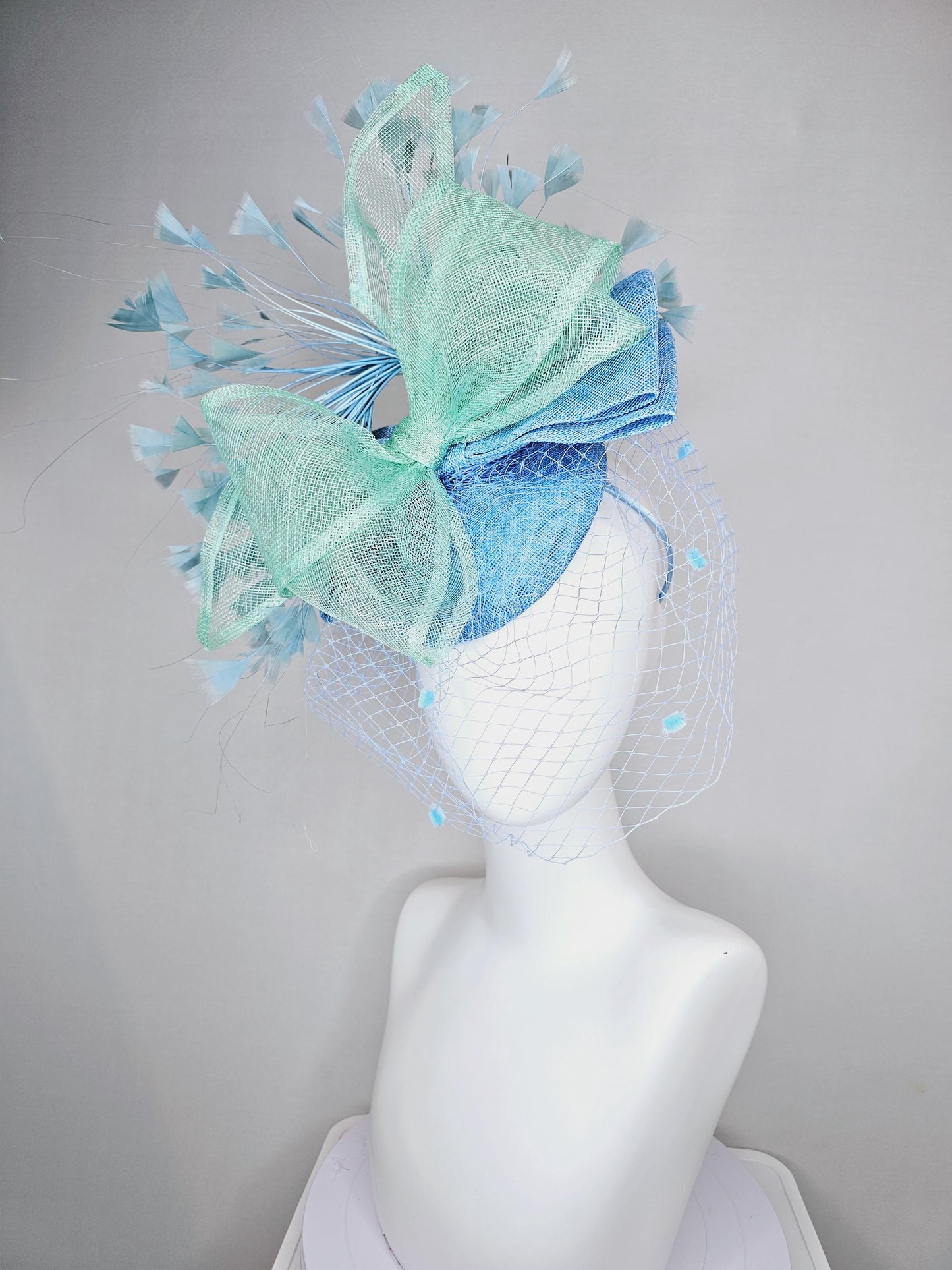 kentucky derby hat fascinator baby blue sinamay w/mint green mesh wired ribbon large bow decor,teal blue branching feathers w/blue mesh veil