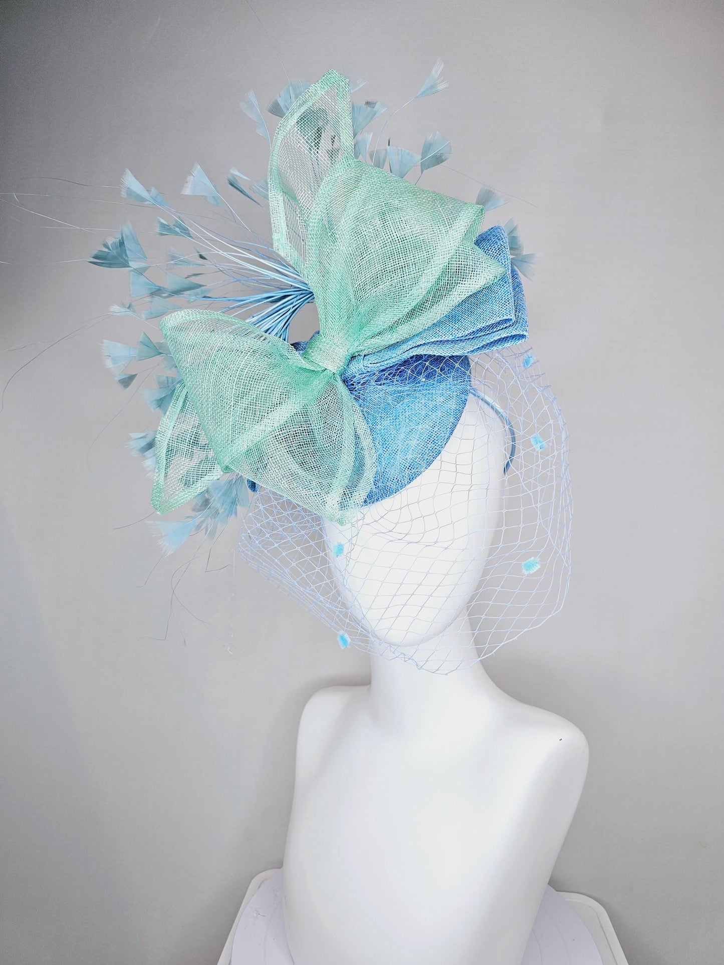 kentucky derby hat fascinator baby blue sinamay w/mint green mesh wired ribbon large bow decor,teal blue branching feathers w/blue mesh veil