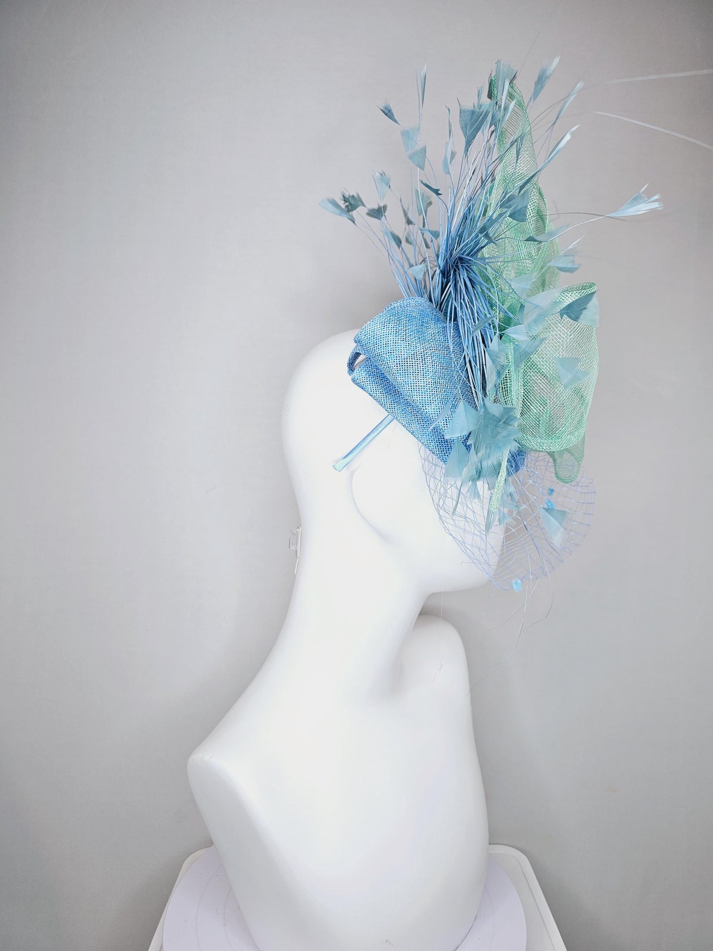 kentucky derby hat fascinator baby blue sinamay w/mint green mesh wired ribbon large bow decor,teal blue branching feathers w/blue mesh veil