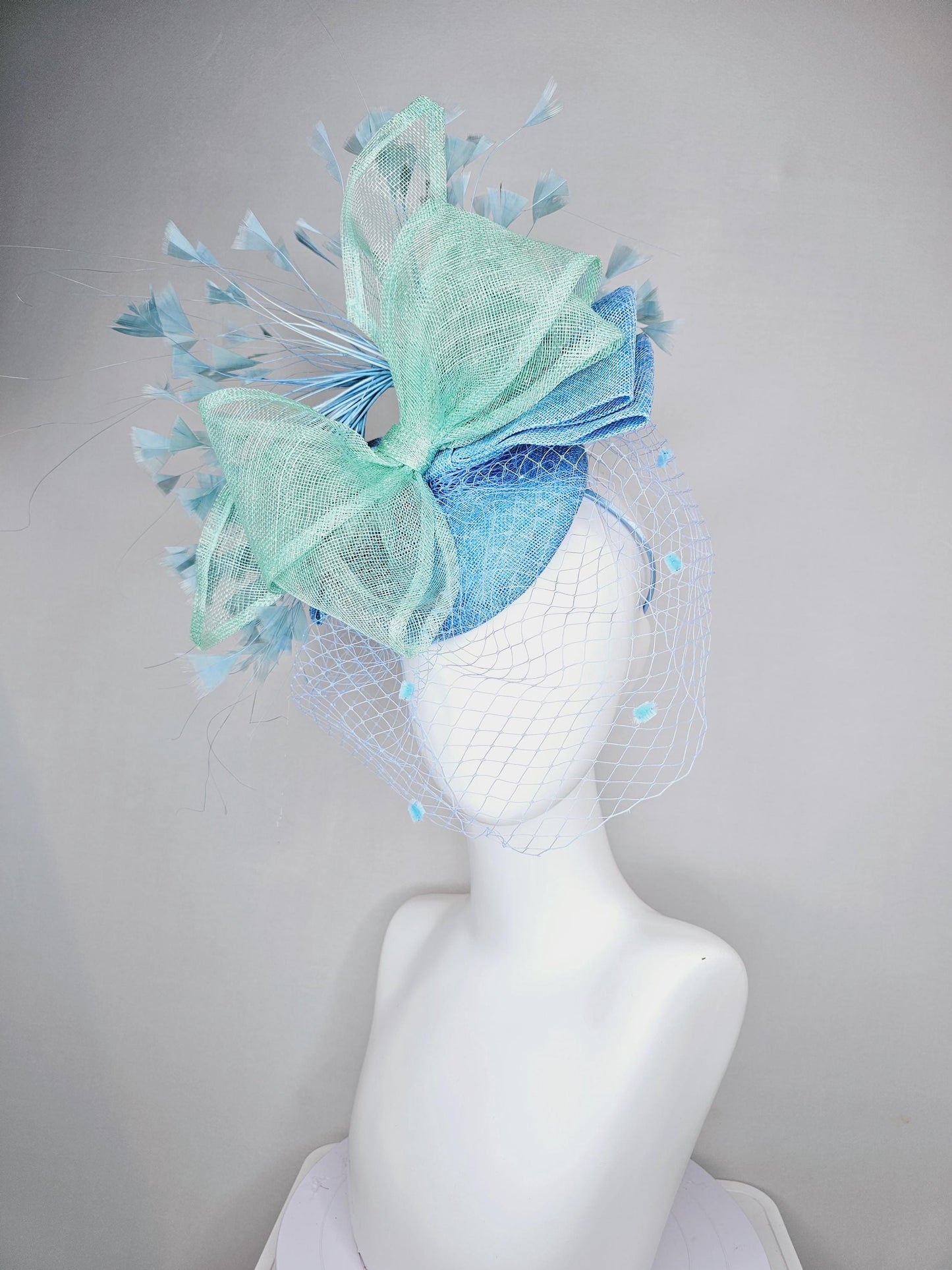 kentucky derby hat fascinator baby blue sinamay w/mint green mesh wired ribbon large bow decor,teal blue branching feathers w/blue mesh veil