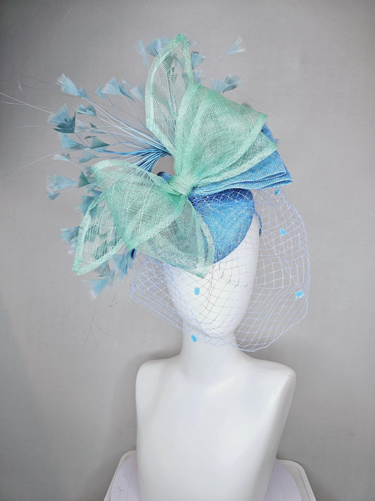 kentucky derby hat fascinator baby blue sinamay w/mint green mesh wired ribbon large bow decor,teal blue branching feathers w/blue mesh veil