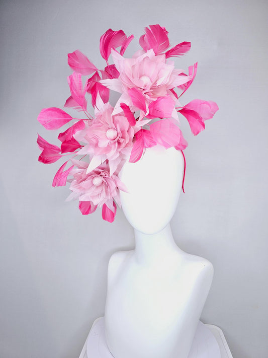 kentucky derby hat fascinator with large light blush pink feather flowers and raspberry hot pink branching feathers