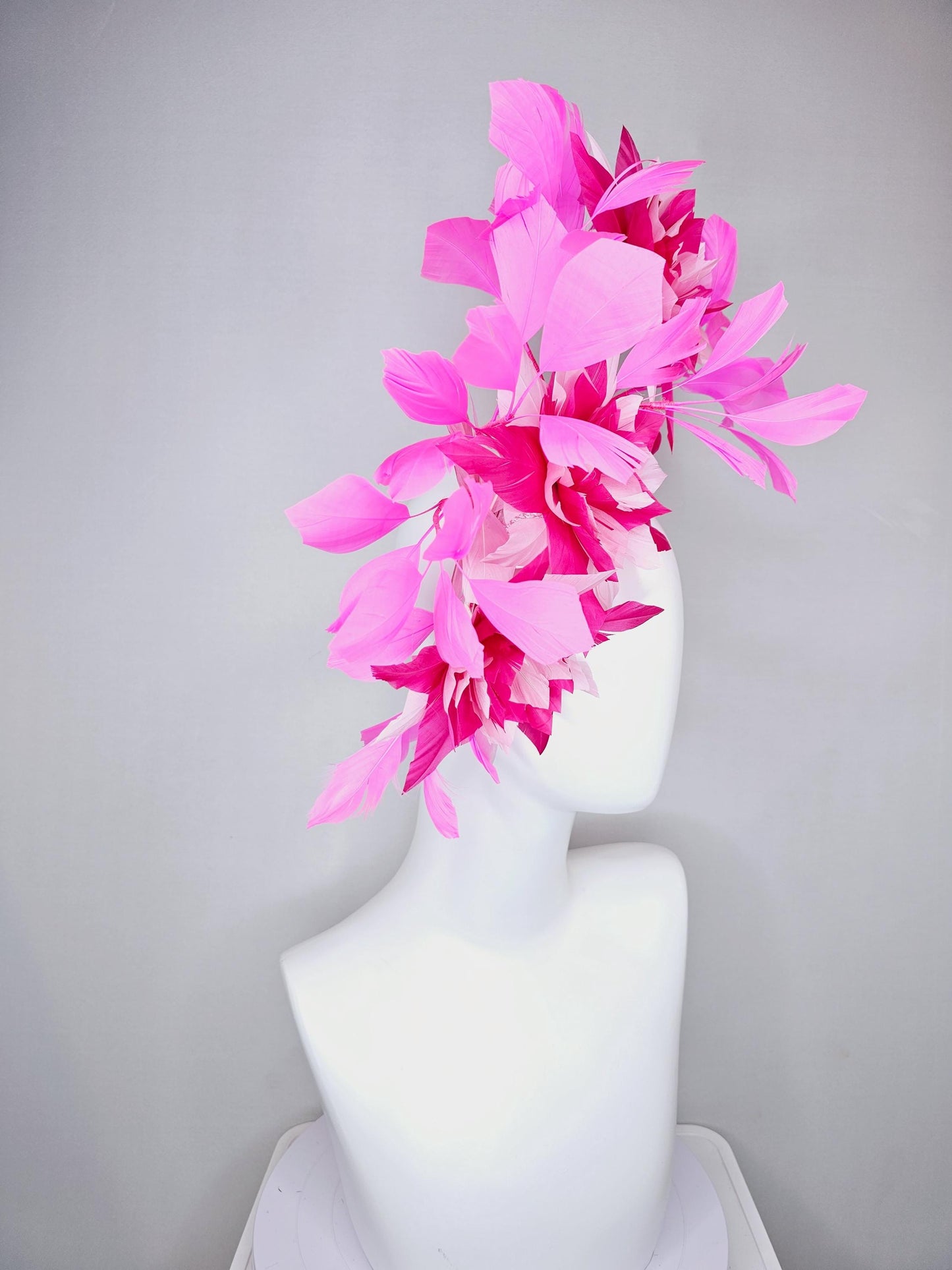 kentucky derby hat fascinator with large light baby pink raspberry hot pink feather flowers and blush pink branching feathers