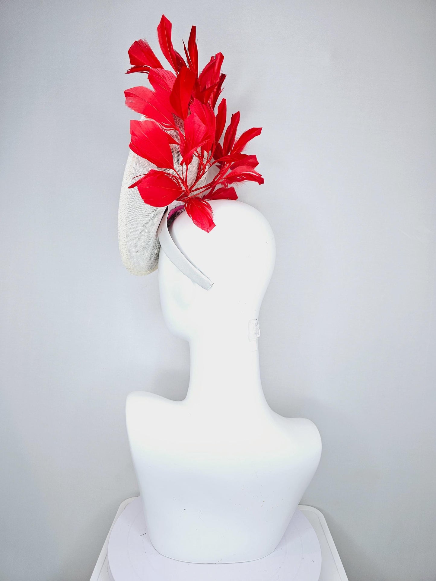 kentucky derby hat fascinator white sinamay saucer with red blue purple black embroidered flowers butterfly, scarlet red branching feathers