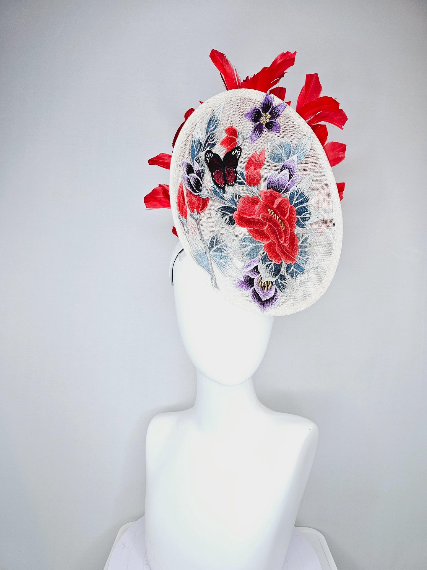 kentucky derby hat fascinator white sinamay saucer with red blue purple black embroidered flowers butterfly, scarlet red branching feathers
