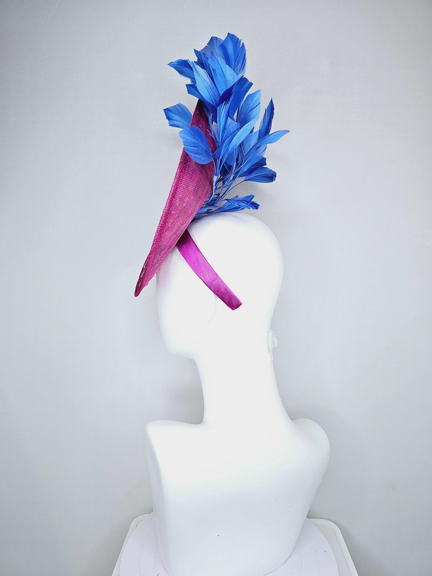 kentucky derby hat fascinator magenta pink sinamay saucer with blue gray embroidered flowers bird butterfly cobalt blue branching feathers