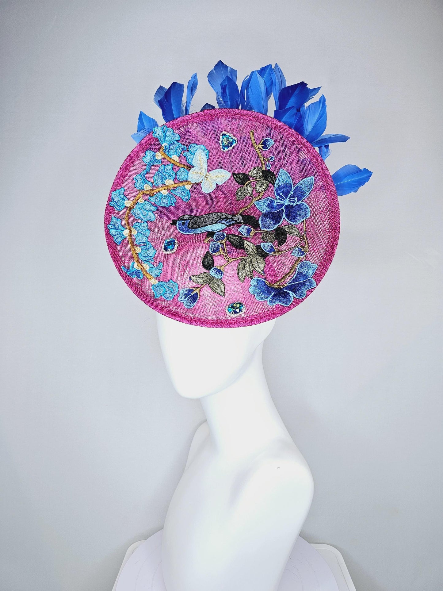 kentucky derby hat fascinator magenta pink sinamay saucer with blue gray embroidered flowers bird butterfly cobalt blue branching feathers