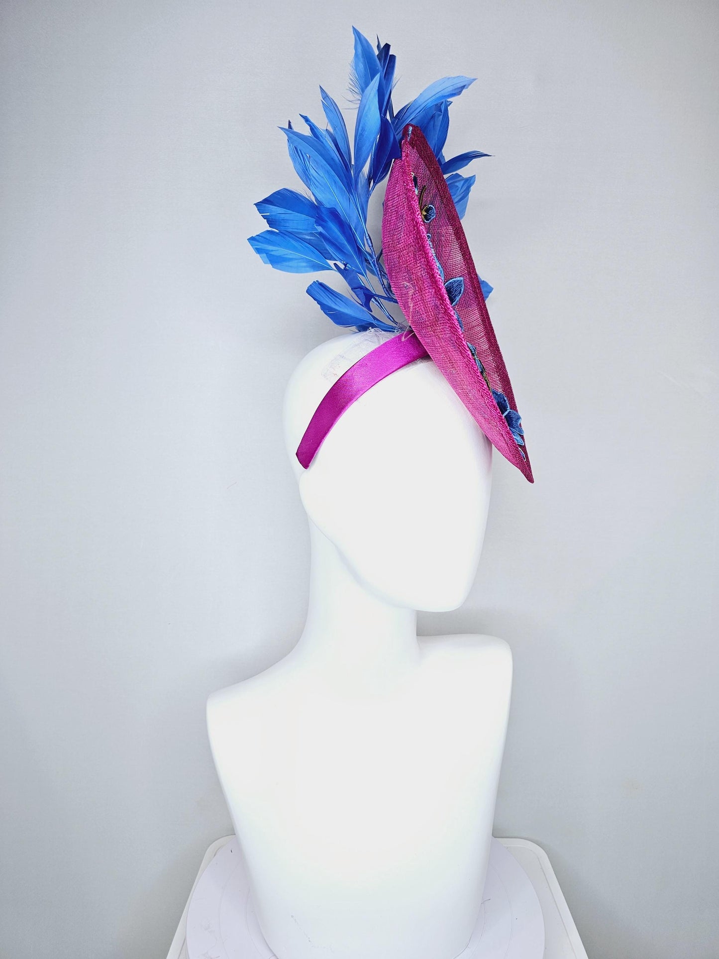 kentucky derby hat fascinator magenta pink sinamay saucer with blue gray embroidered flowers bird butterfly cobalt blue branching feathers