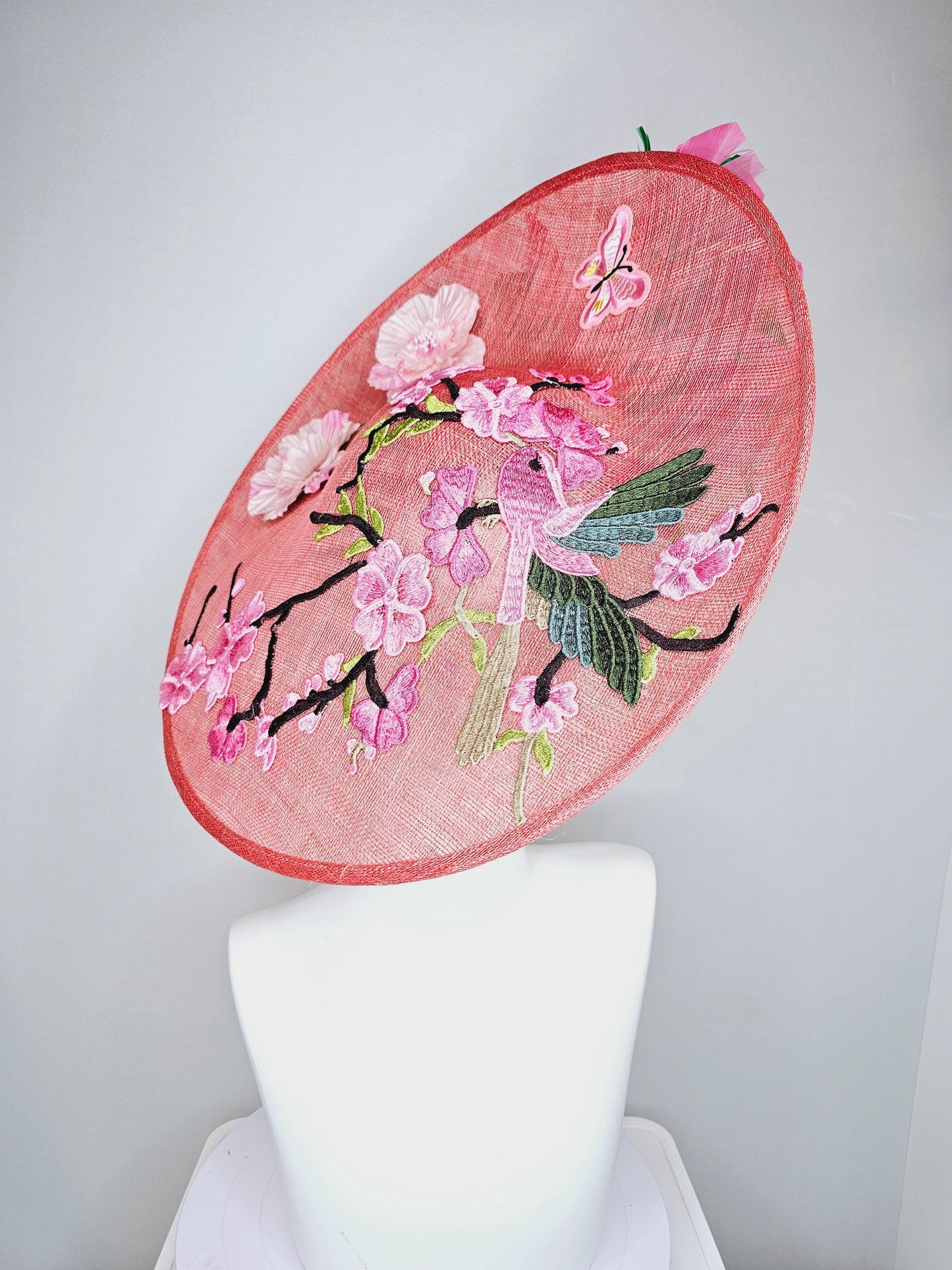 kentucky derby hat fascinator large peach pink sinamay saucer w/pink green embroidered flower bird butterfly,pink and emerald green feathers