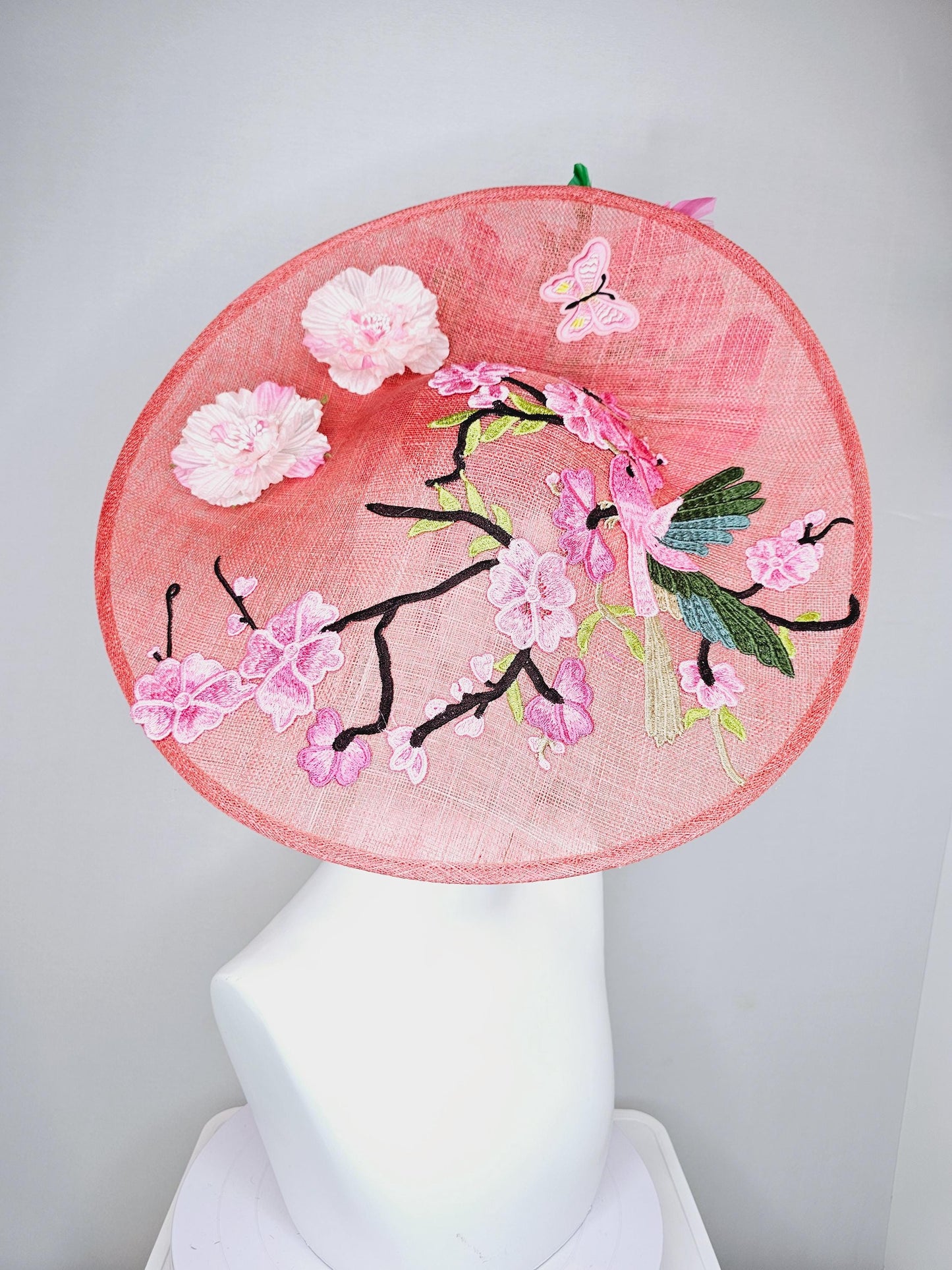 kentucky derby hat fascinator large peach pink sinamay saucer w/pink green embroidered flower bird butterfly,pink and emerald green feathers