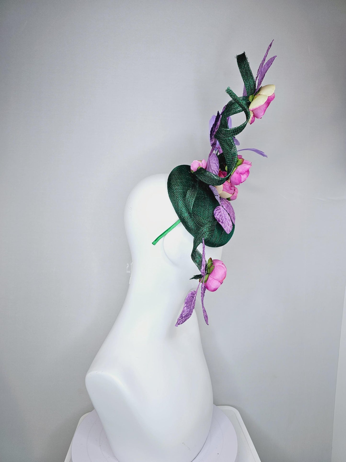 kentucky derby hat fascinator dark green sinamay with curls,light purple lavender leaves and feathers,pink cream ombre satin silk flowers