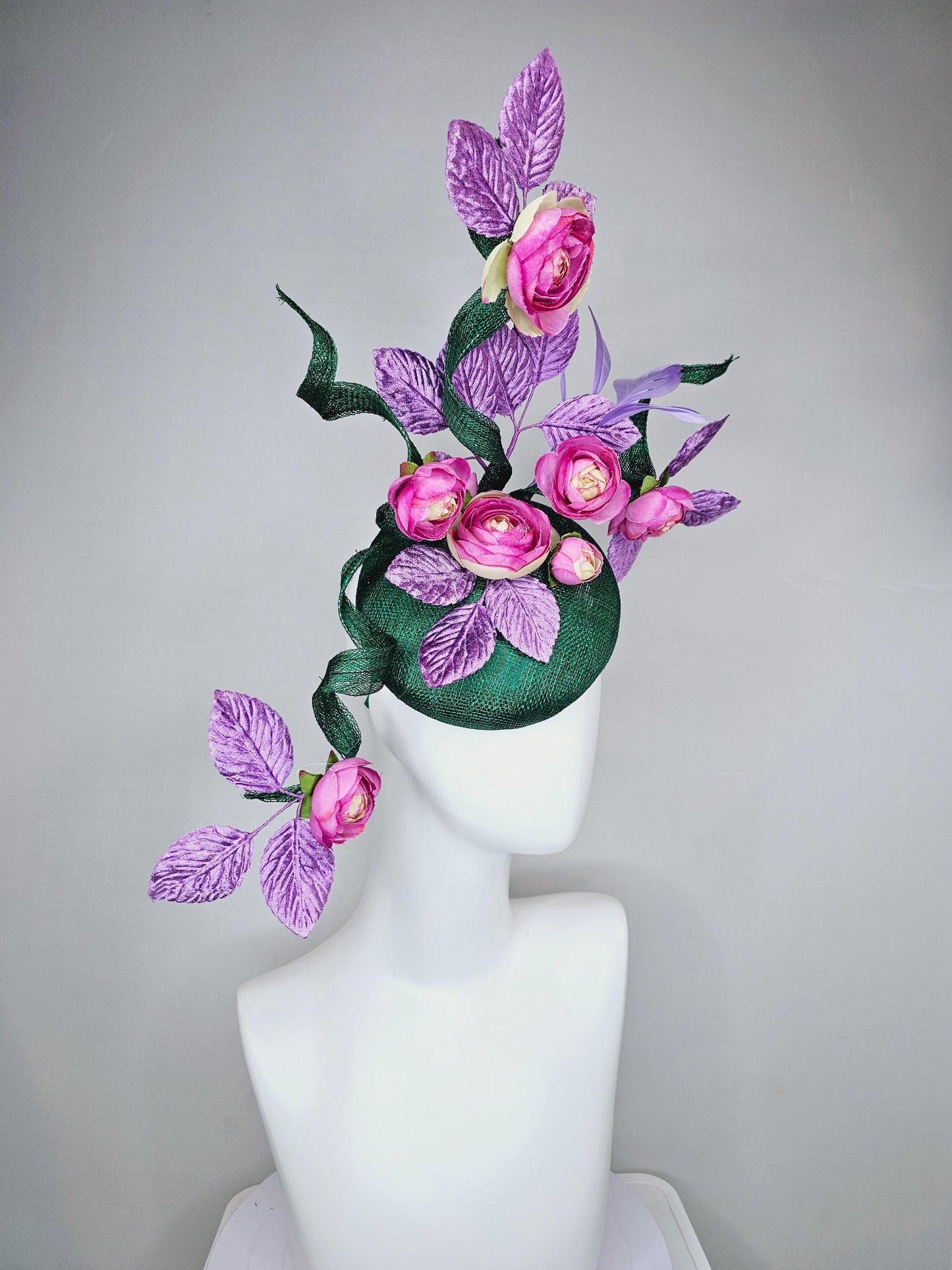 kentucky derby hat fascinator dark green sinamay with curls,light purple lavender leaves and feathers,pink cream ombre satin silk flowers