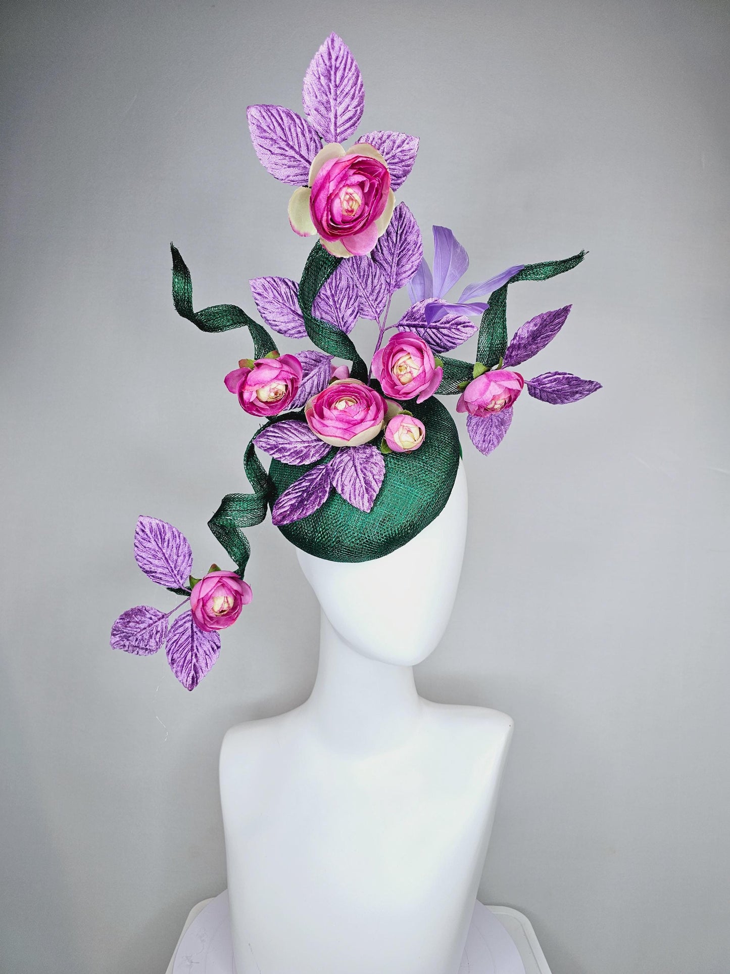 kentucky derby hat fascinator dark green sinamay with curls,light purple lavender leaves and feathers,pink cream ombre satin silk flowers