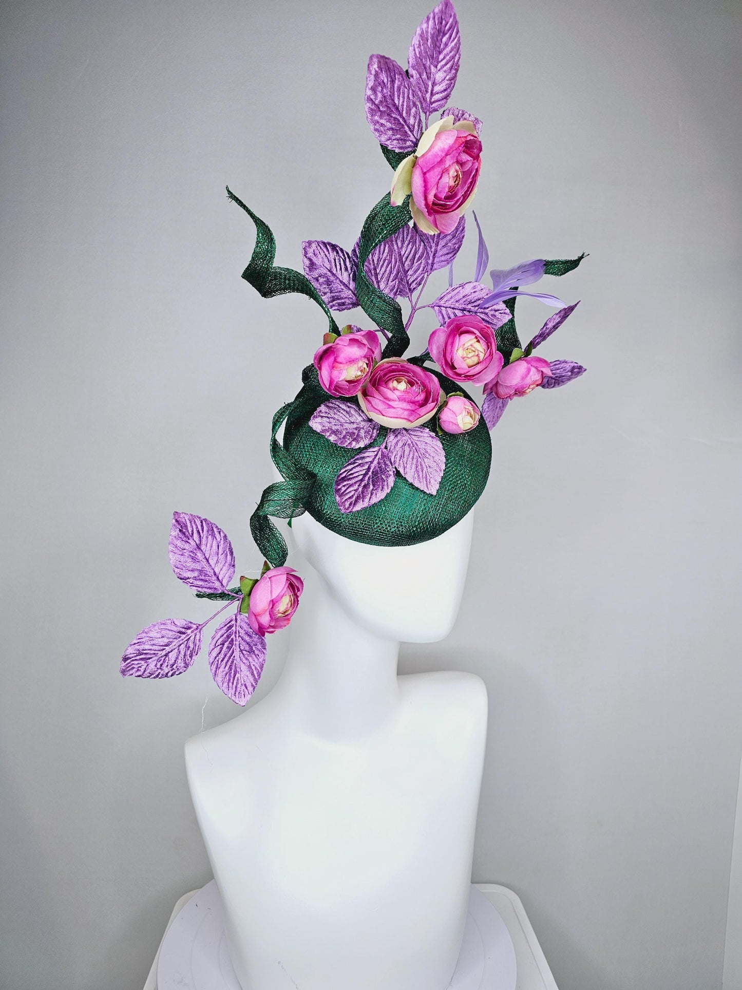 kentucky derby hat fascinator dark green sinamay with curls,light purple lavender leaves and feathers,pink cream ombre satin silk flowers