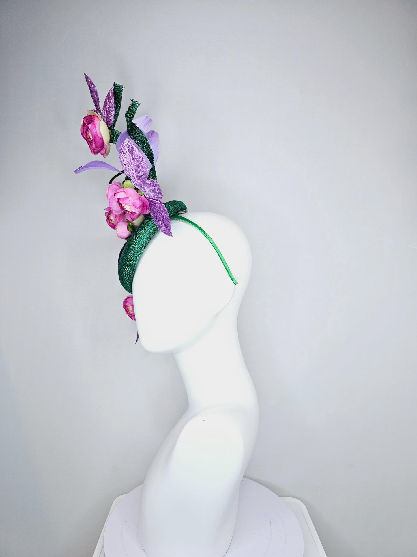 kentucky derby hat fascinator dark green sinamay with curls,light purple lavender leaves and feathers,pink cream ombre satin silk flowers