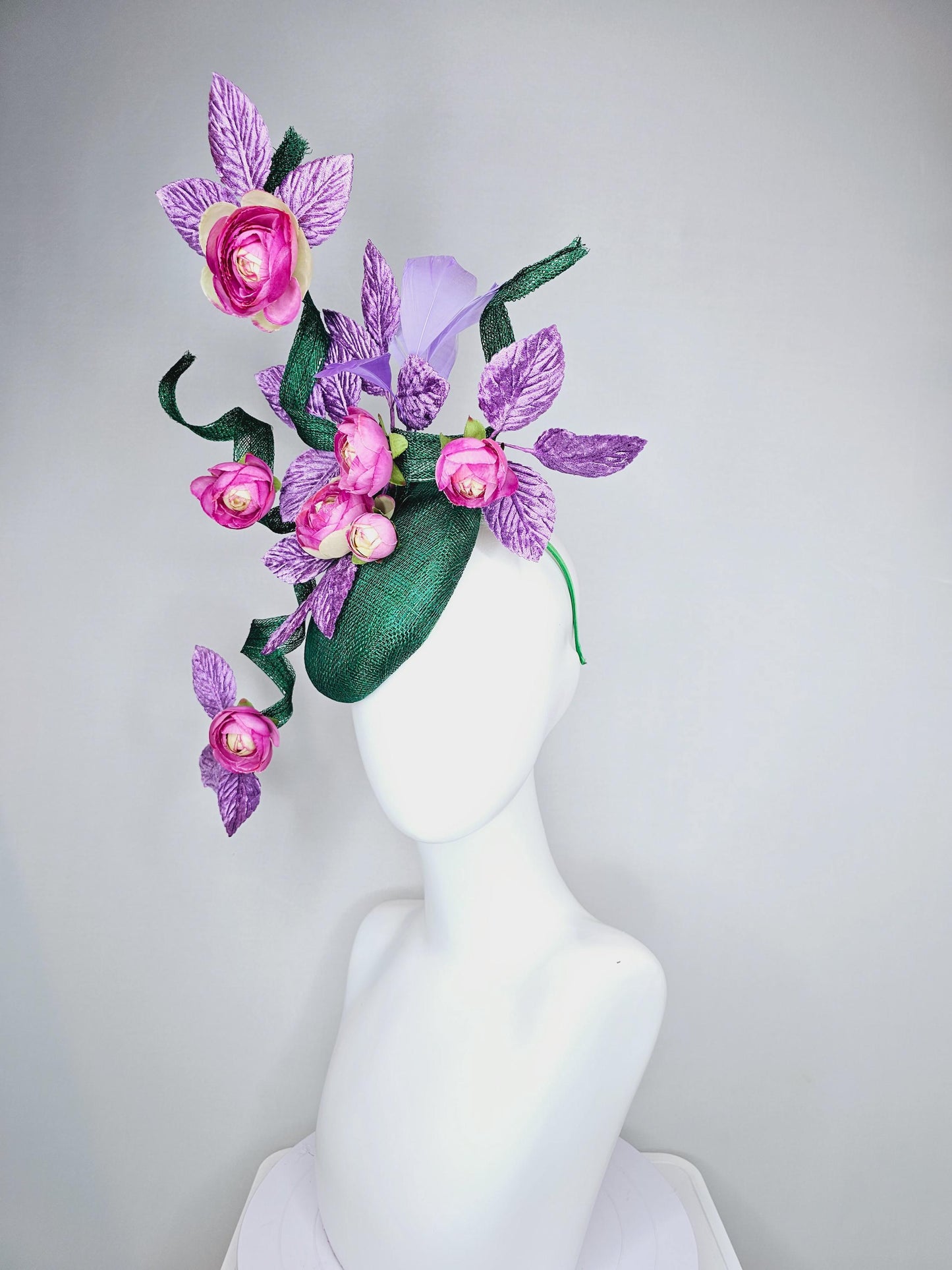 kentucky derby hat fascinator dark green sinamay with curls,light purple lavender leaves and feathers,pink cream ombre satin silk flowers