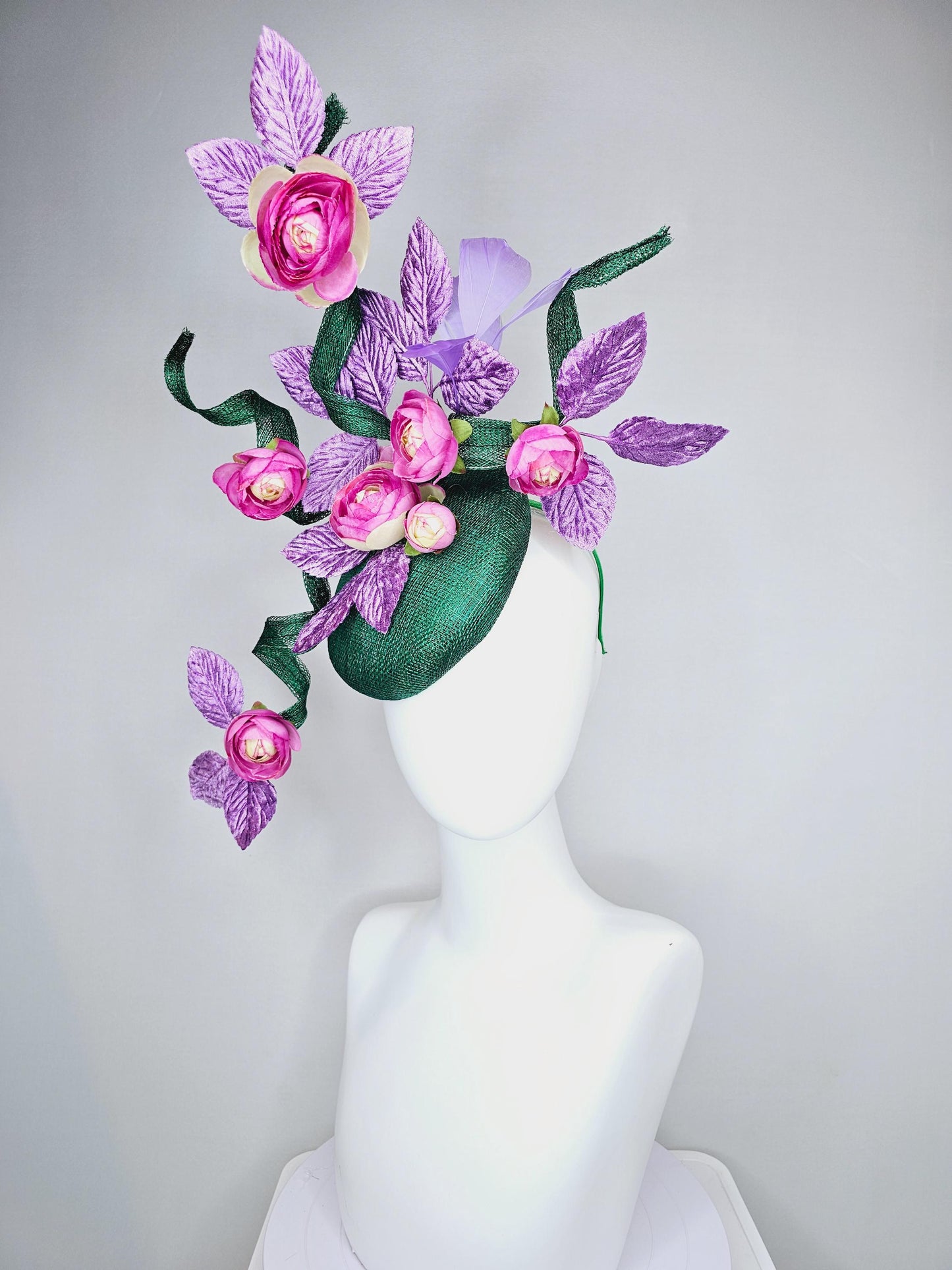 kentucky derby hat fascinator dark green sinamay with curls,light purple lavender leaves and feathers,pink cream ombre satin silk flowers