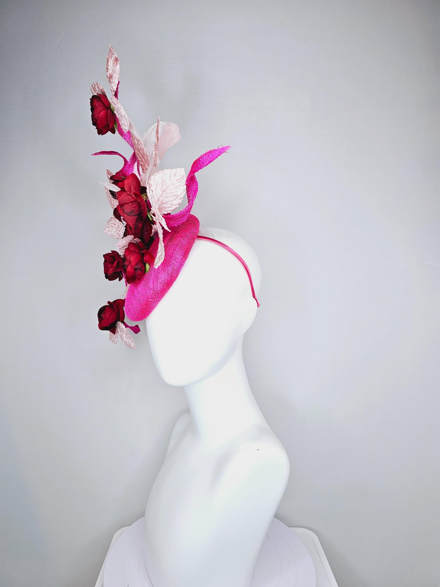 kentucky derby hat fascinator hot pink sinamay with curls,scarlet red satin silk flowers and light pink velvet leaves, light pink feathers