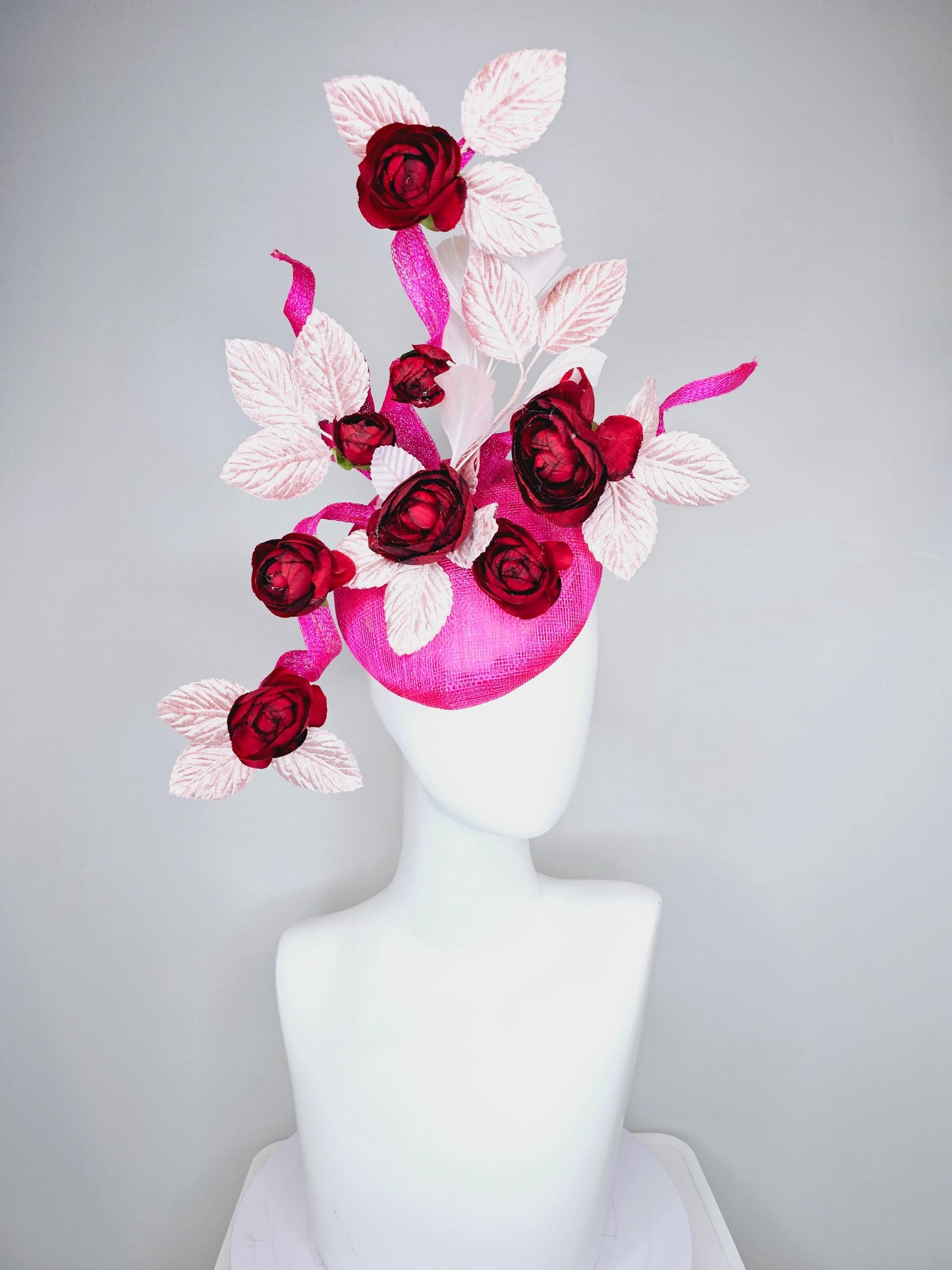 kentucky derby hat fascinator hot pink sinamay with curls,scarlet red satin silk flowers and light pink velvet leaves, light pink feathers