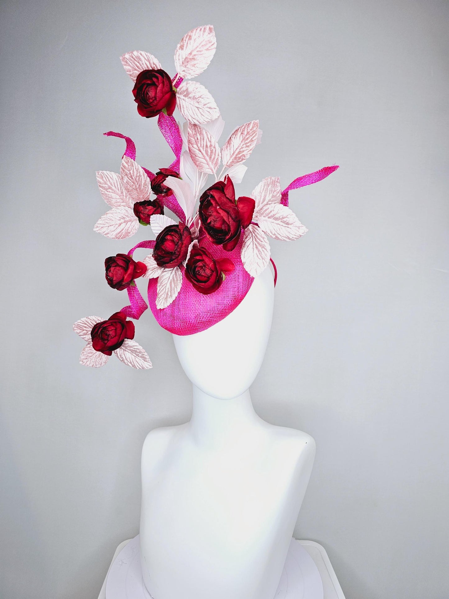 kentucky derby hat fascinator hot pink sinamay with curls,scarlet red satin silk flowers and light pink velvet leaves, light pink feathers