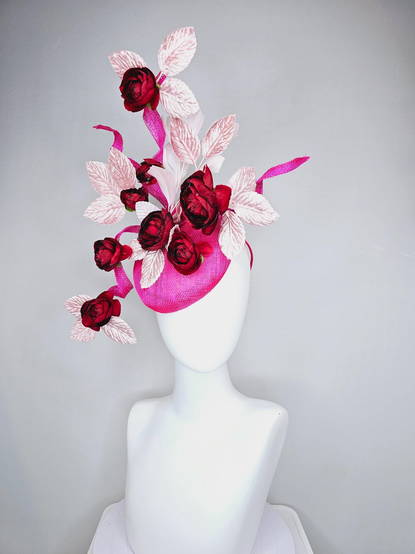 kentucky derby hat fascinator hot pink sinamay with curls,scarlet red satin silk flowers and light pink velvet leaves, light pink feathers