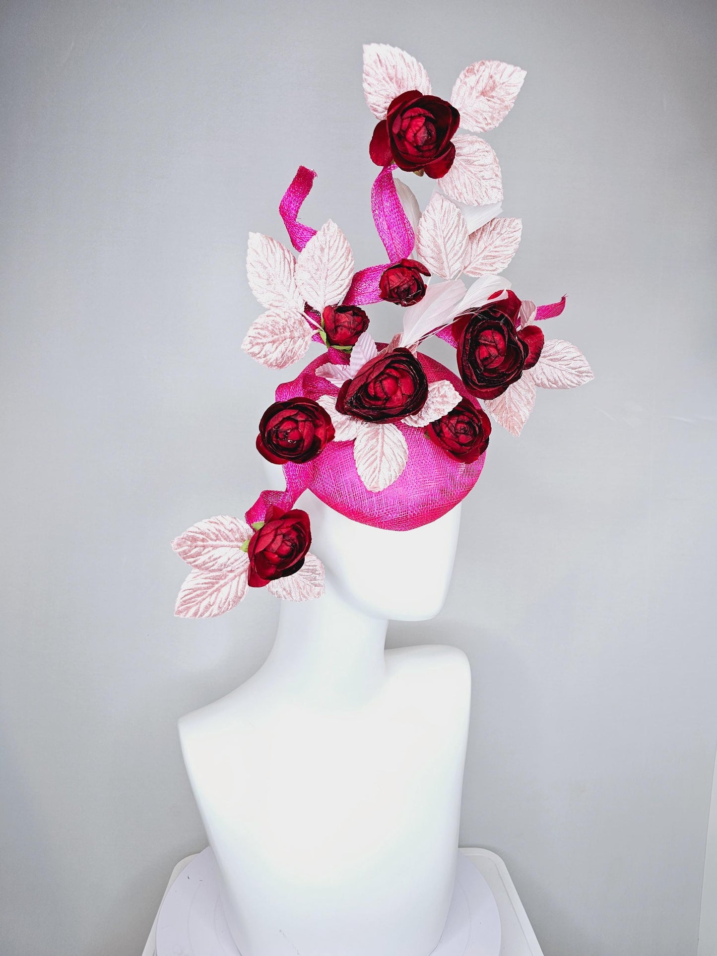 kentucky derby hat fascinator hot pink sinamay with curls,scarlet red satin silk flowers and light pink velvet leaves, light pink feathers