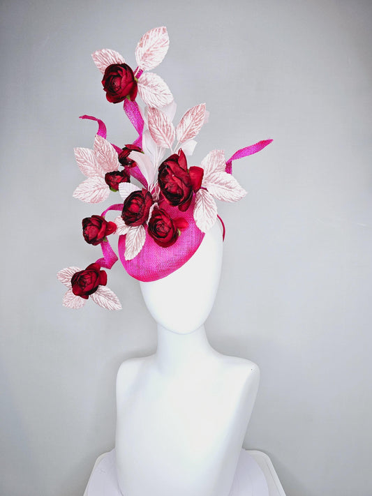 kentucky derby hat fascinator hot pink sinamay with curls,scarlet red satin silk flowers and light pink velvet leaves, light pink feathers