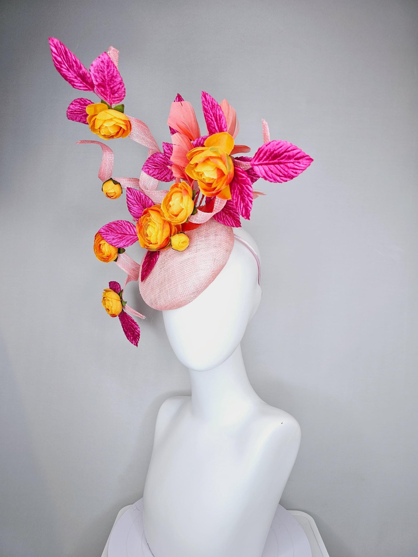 kentucky derby hat fascinator light pink sinamay with tall curls,hot pink velvet leaves,coral feathers and burnt orange satin silk flowers