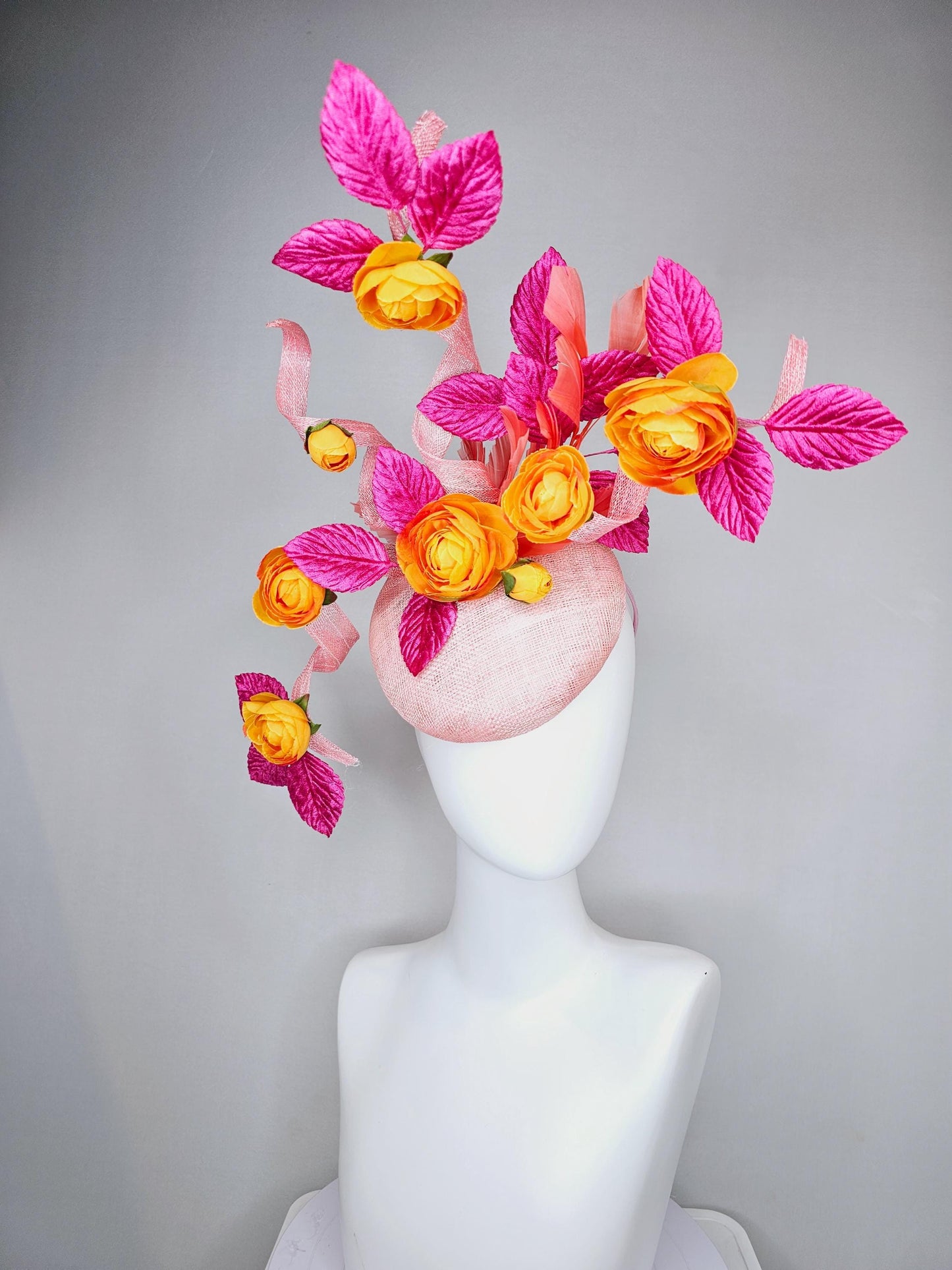 kentucky derby hat fascinator light pink sinamay with tall curls,hot pink velvet leaves,coral feathers and burnt orange satin silk flowers