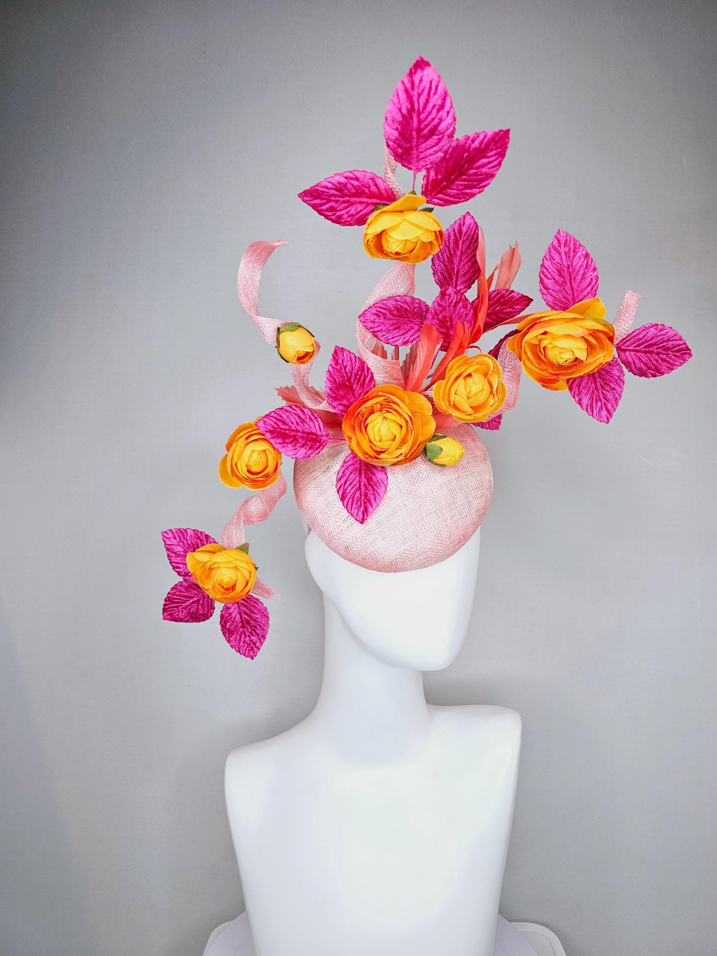 kentucky derby hat fascinator light pink sinamay with tall curls,hot pink velvet leaves,coral feathers and burnt orange satin silk flowers