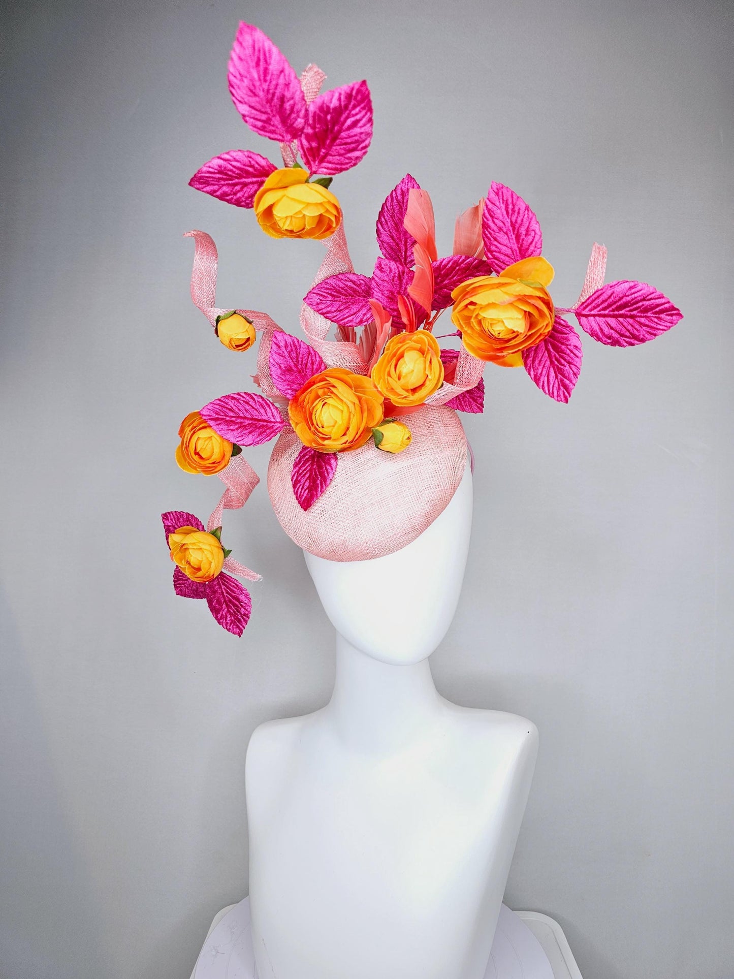 kentucky derby hat fascinator light pink sinamay with tall curls,hot pink velvet leaves,coral feathers and burnt orange satin silk flowers