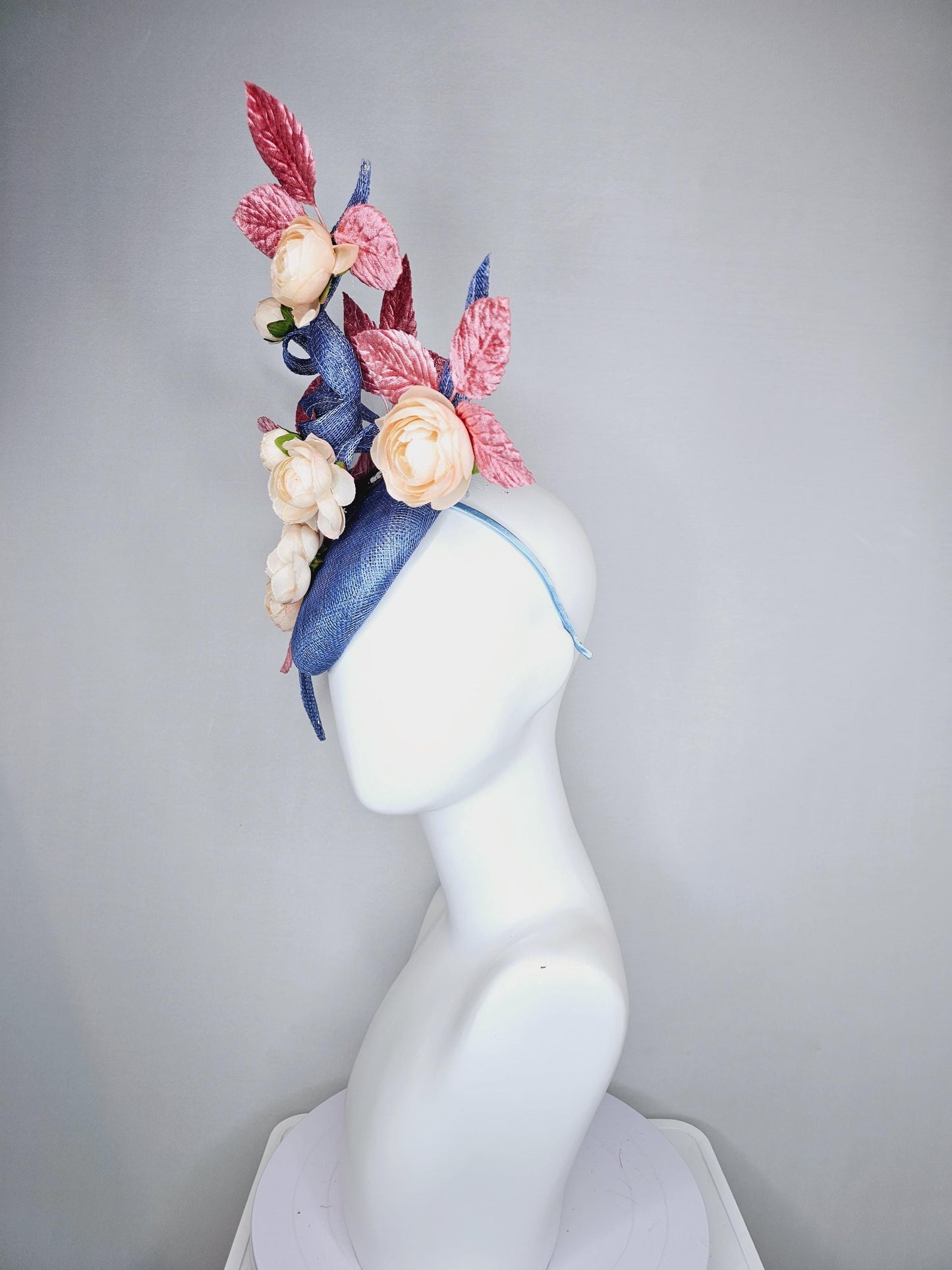 kentucky derby hat fascinator light cobalt blue sinamay with curls,light blush pink velvet leaves and cream champagne satin silk flowers