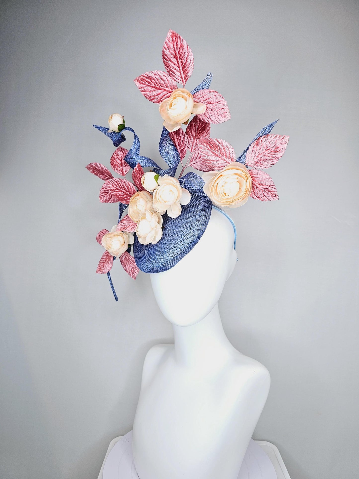 kentucky derby hat fascinator light cobalt blue sinamay with curls,light blush pink velvet leaves and cream champagne satin silk flowers