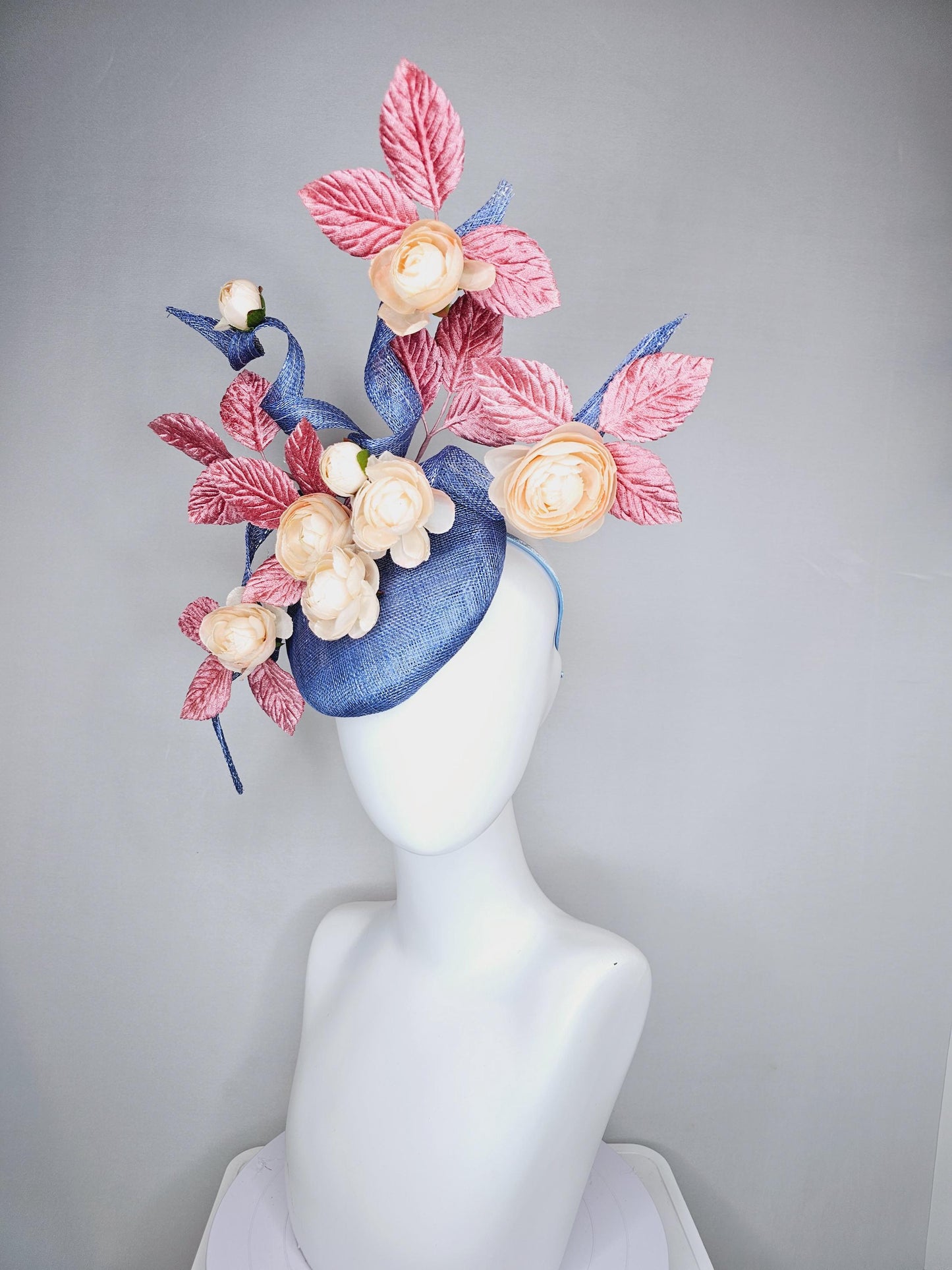 kentucky derby hat fascinator light cobalt blue sinamay with curls,light blush pink velvet leaves and cream champagne satin silk flowers