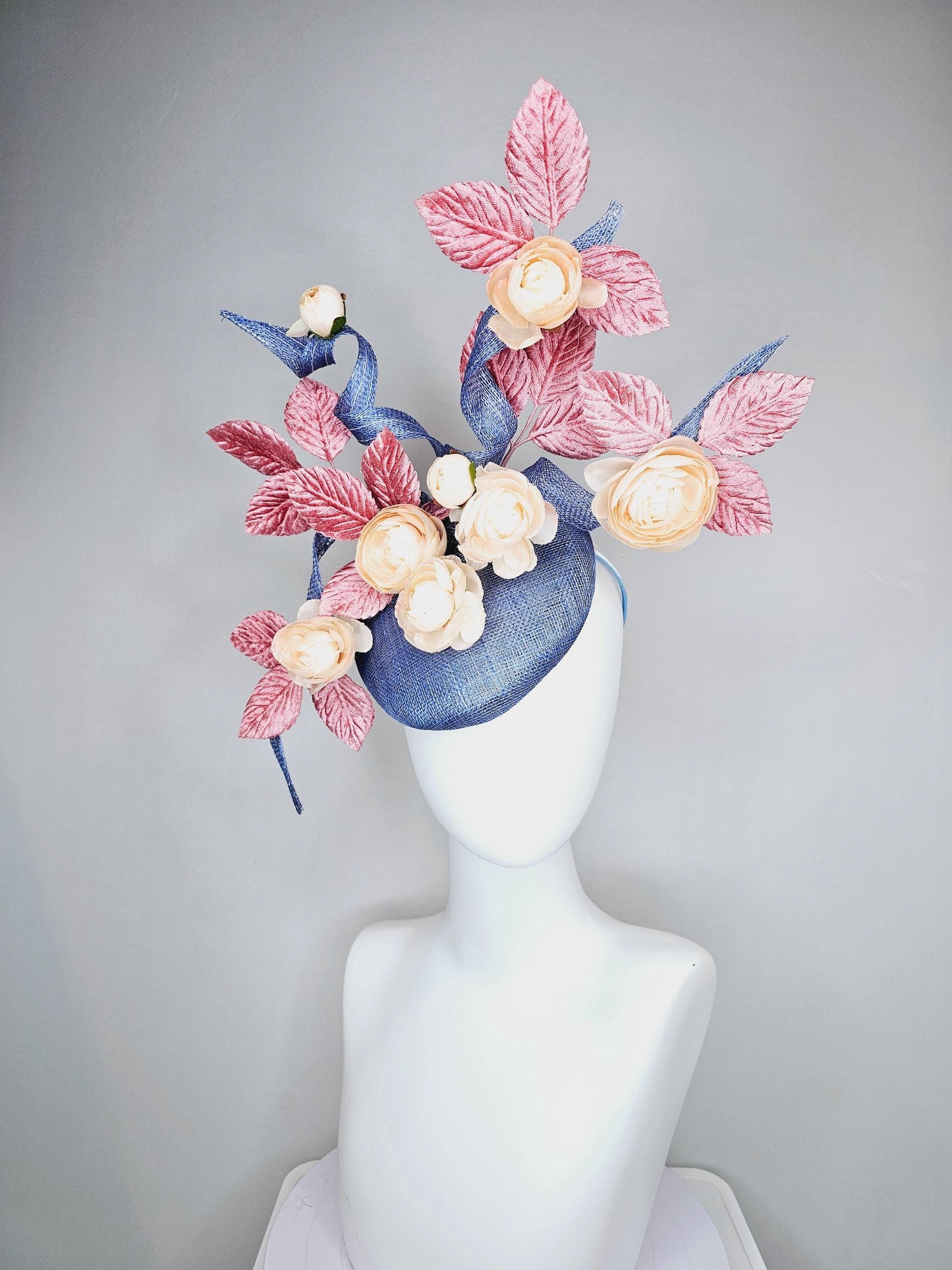 kentucky derby hat fascinator light cobalt blue sinamay with curls,light blush pink velvet leaves and cream champagne satin silk flowers