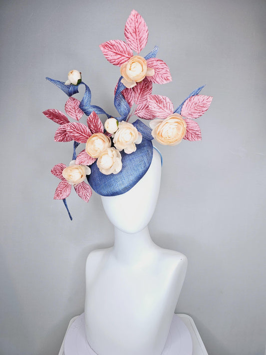 kentucky derby hat fascinator light cobalt blue sinamay with curls,light blush pink velvet leaves and cream champagne satin silk flowers