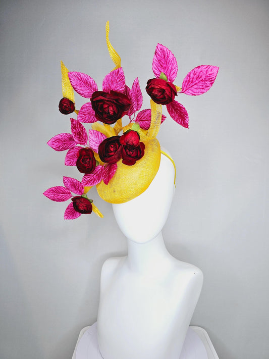 kentucky derby hat fascinator canary yellow sinamay with tall curls,scarlet red satin silk flowers and hot pink velvet leaves,yellow feather