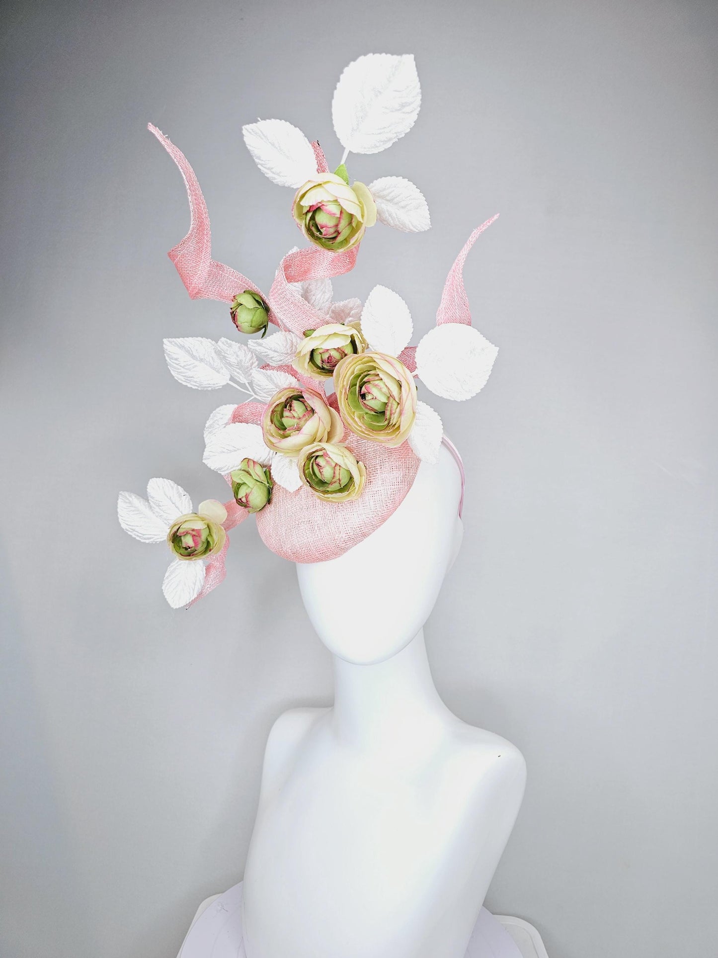 kentucky derby hat fascinator light pink sinamay with curls,white velvet leaves and sage green,cream,and pink ombre satin silk flowers