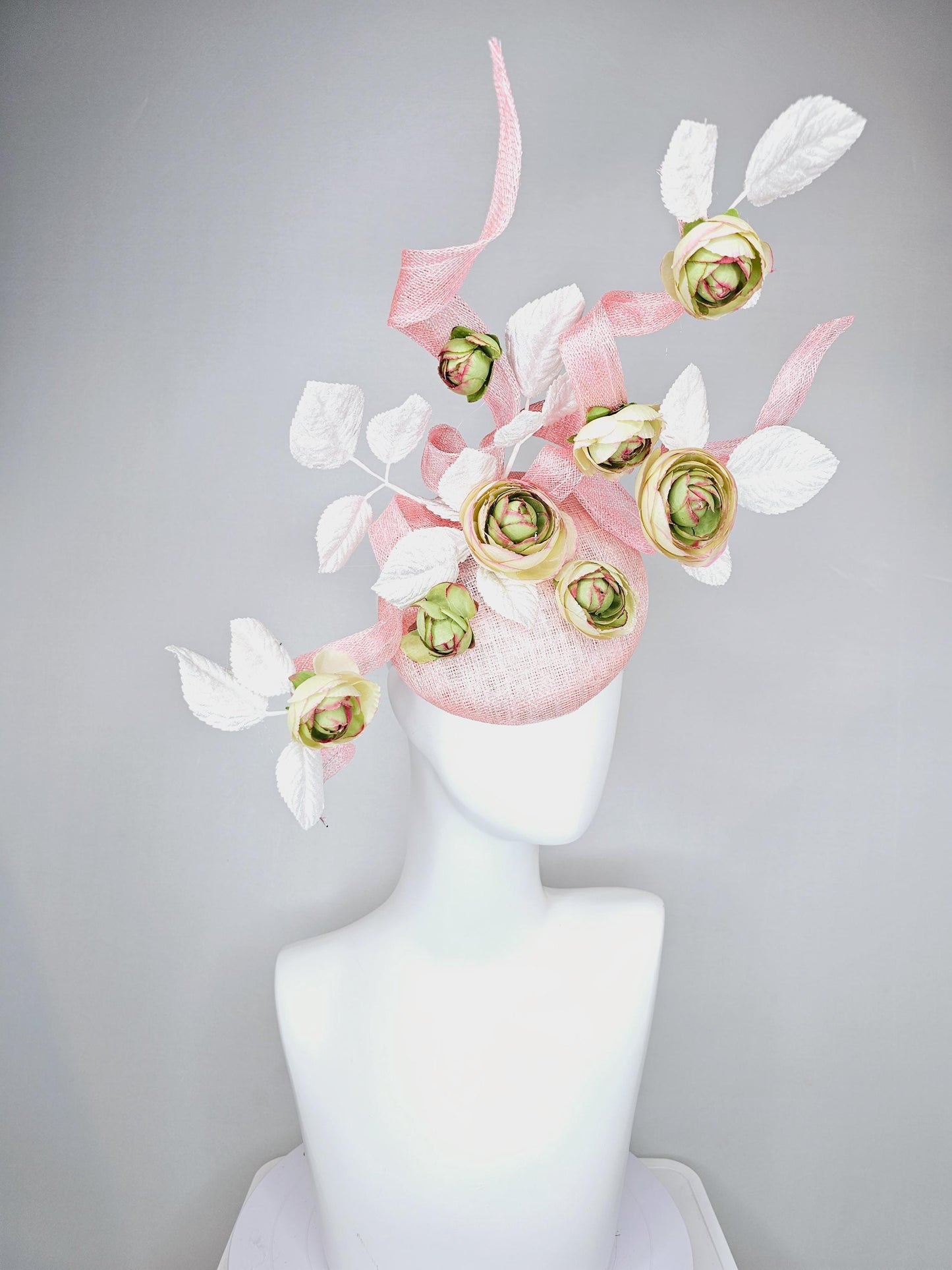 kentucky derby hat fascinator light pink sinamay with curls,white velvet leaves and sage green,cream,and pink ombre satin silk flowers