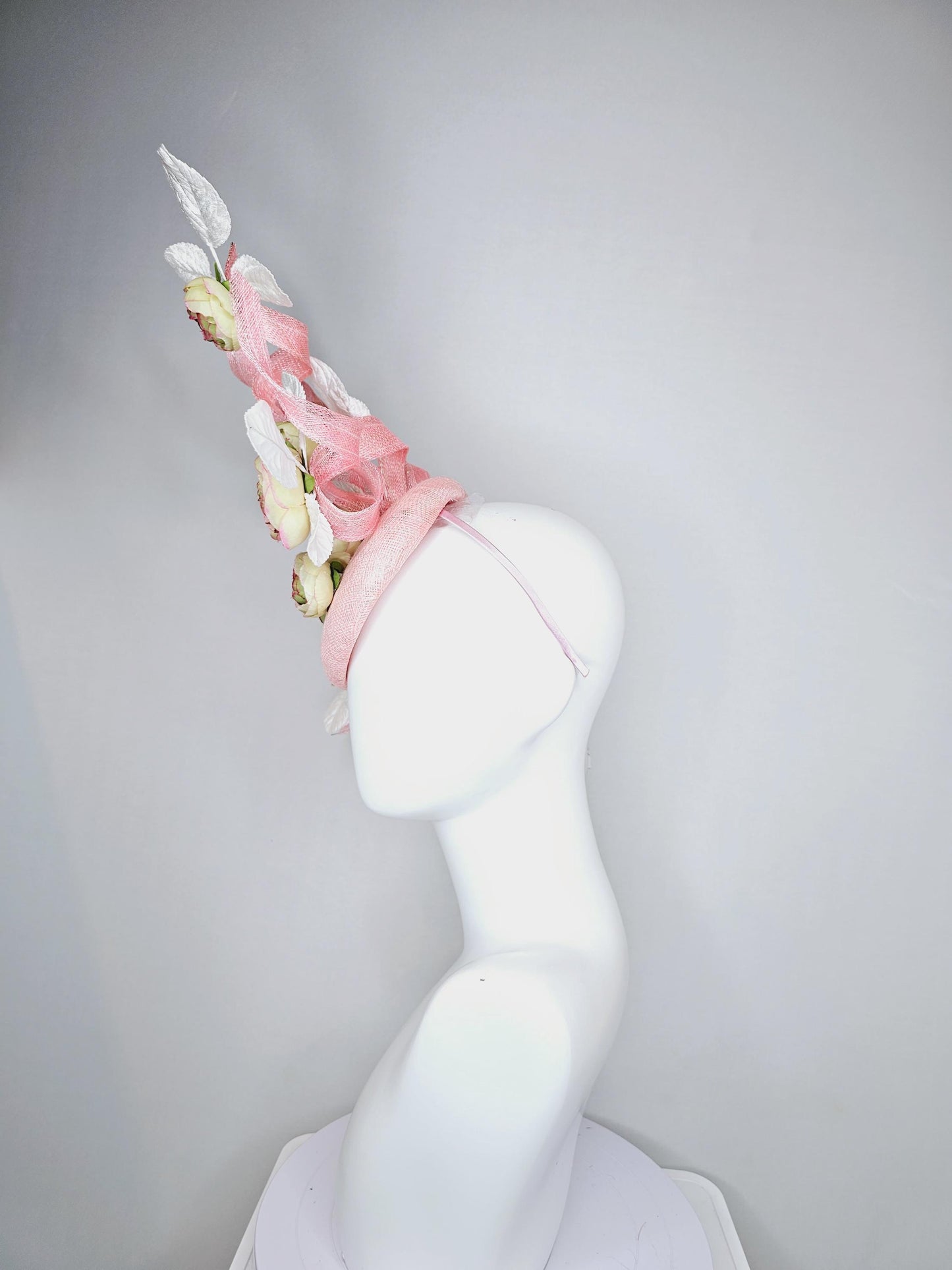 kentucky derby hat fascinator light pink sinamay with curls,white velvet leaves and sage green,cream,and pink ombre satin silk flowers