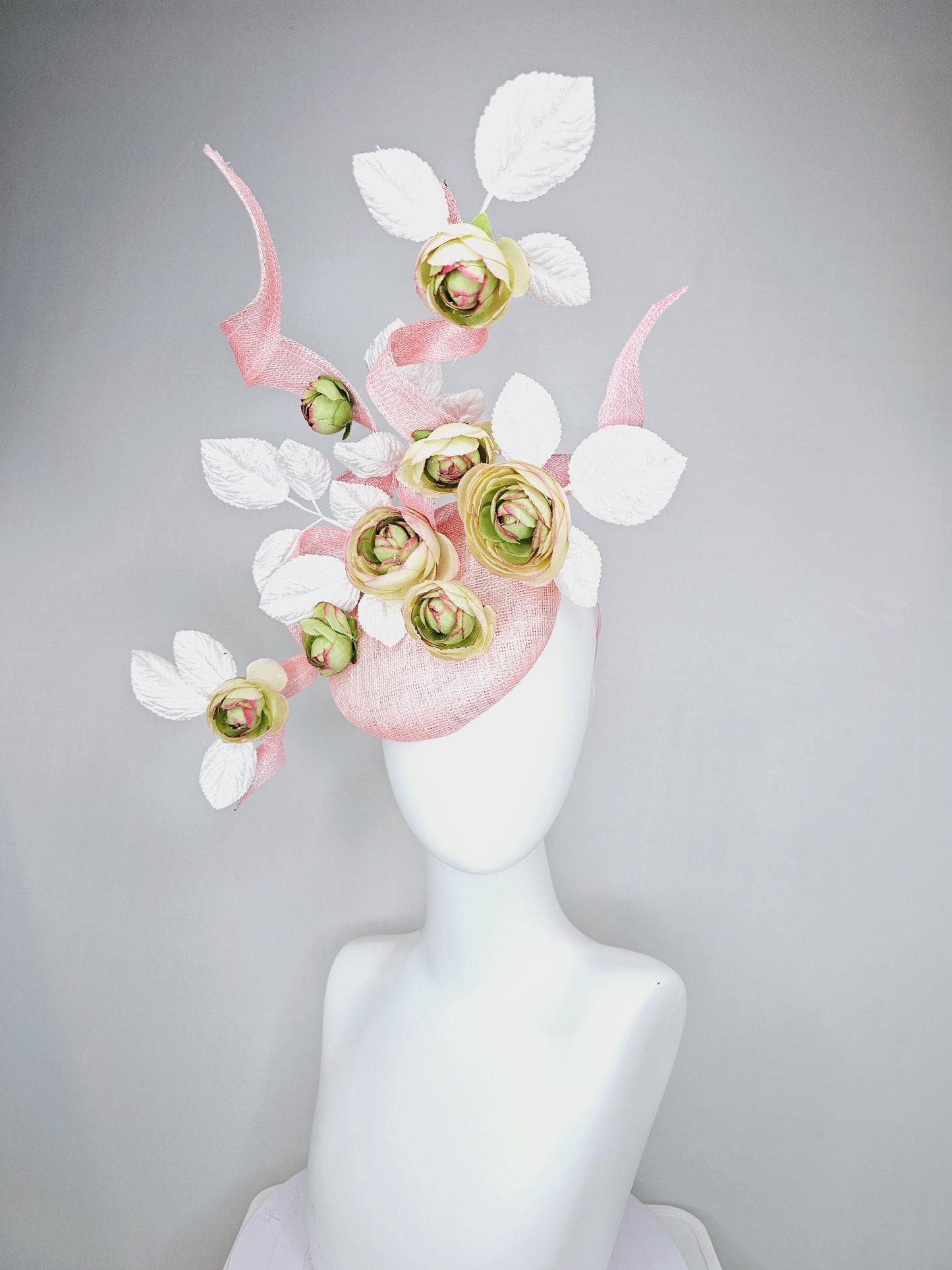 kentucky derby hat fascinator light pink sinamay with curls,white velvet leaves and sage green,cream,and pink ombre satin silk flowers