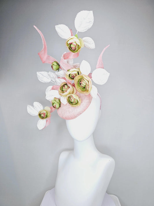 kentucky derby hat fascinator light pink sinamay with curls,white velvet leaves and sage green,cream,and pink ombre satin silk flowers