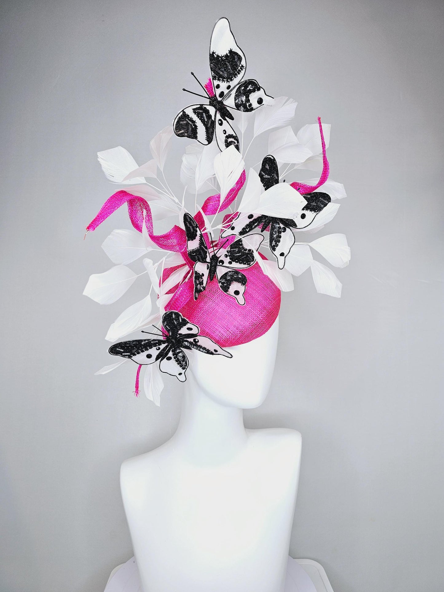 kentucky derby hat fascinator hot pink sinamay with tall curls,white feathers,black and white rhinestone crystal embroidered butterflies