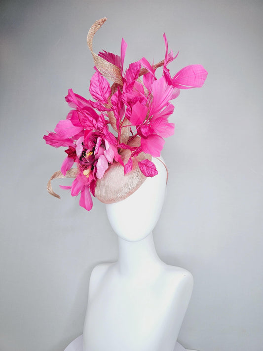 kentucky derby hat fascinator blush pink sinamay w/ curls, light pink burgundy red organza satin flower,bright pink leaves,hot pink feathers