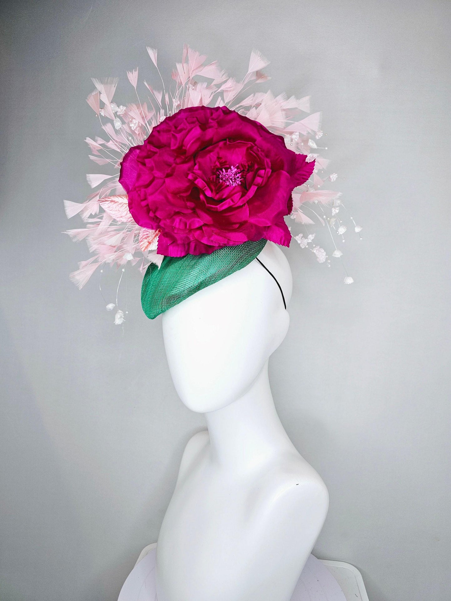 kentucky derby hat fascinator bright green sinamay blush feathers with white branching beaded flowers fuchsia pink huge flower