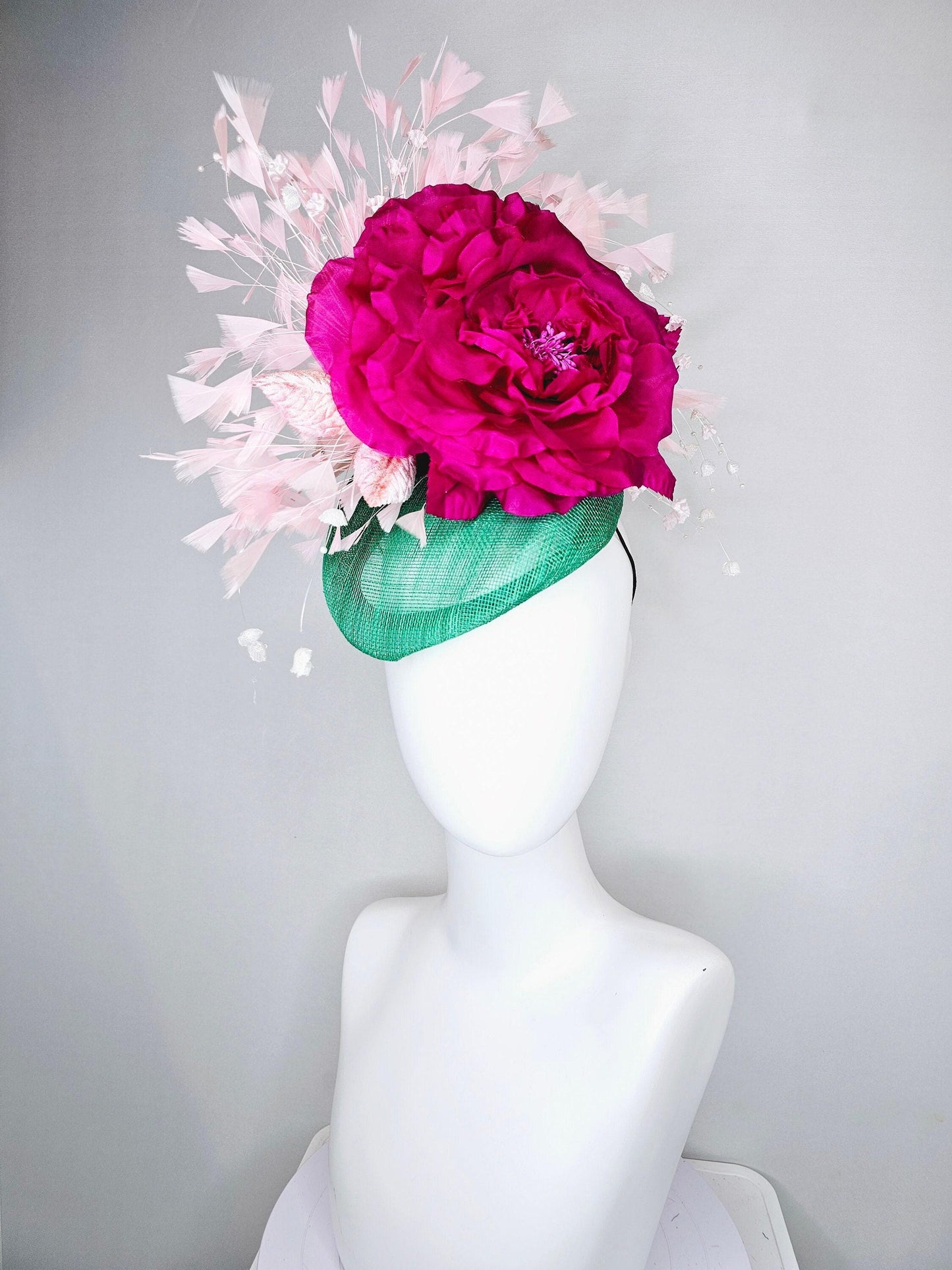 kentucky derby hat fascinator bright green sinamay blush feathers with white branching beaded flowers fuchsia pink huge flower