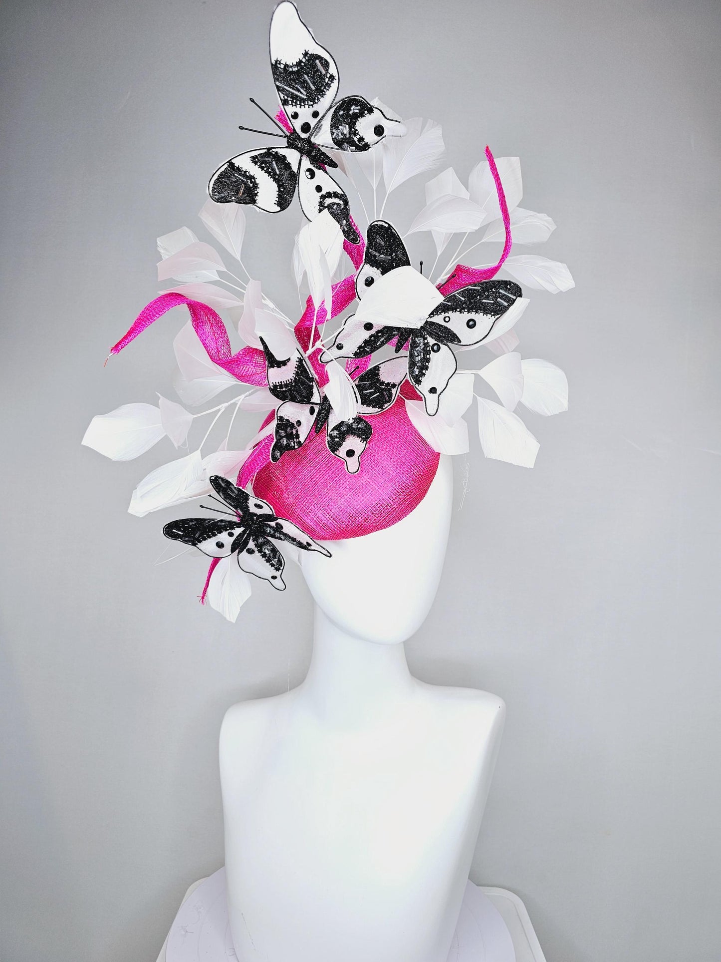 kentucky derby hat fascinator hot pink sinamay with tall curls,white feathers,black and white rhinestone crystal embroidered butterflies