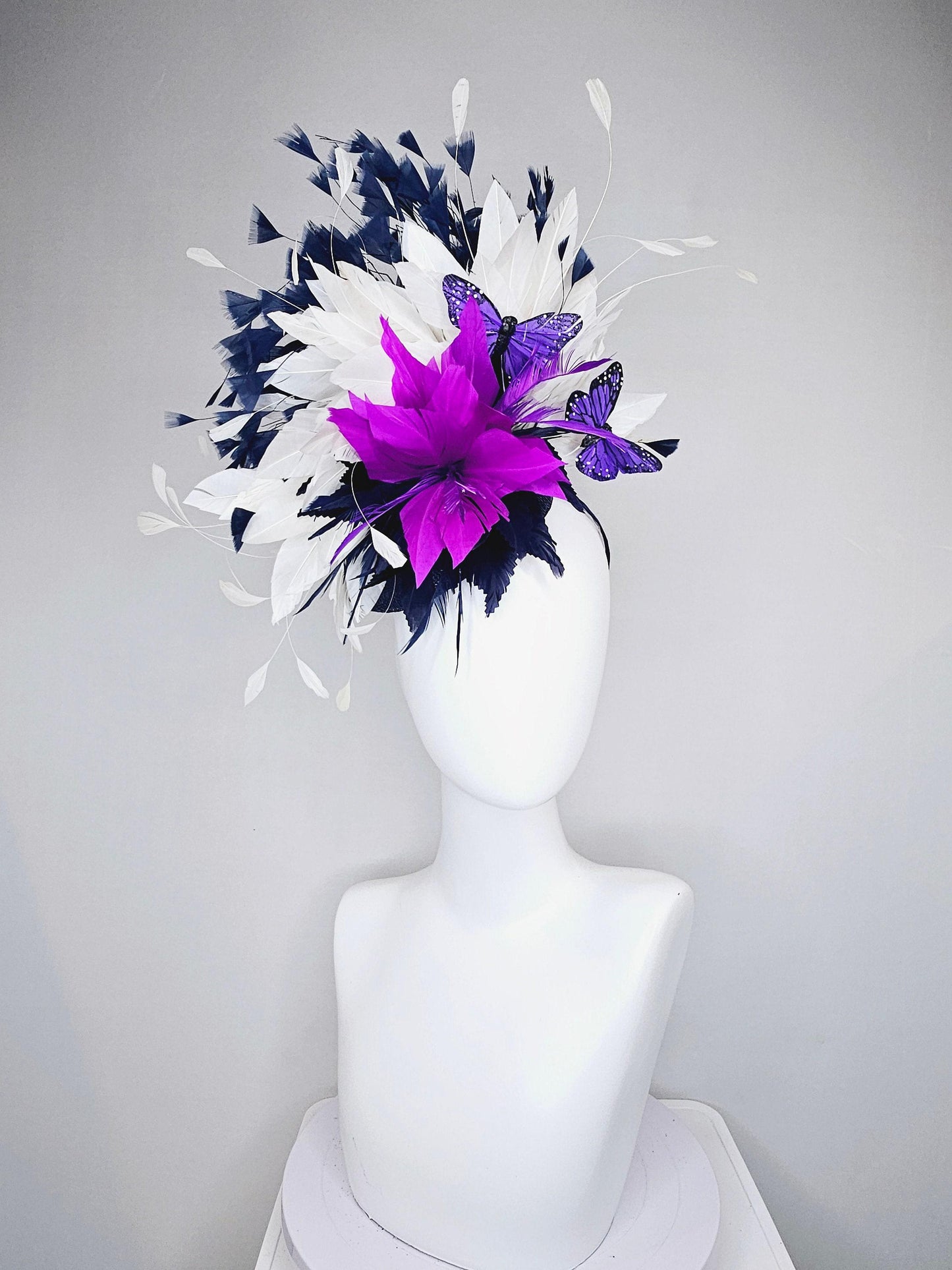 kentucky derby hat fascinator navy sinamay and navy blue purple feather flower navy and white feathers with purple and black butterflies